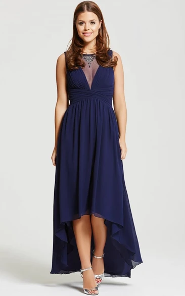 High-Low Sleeveless Ruched Bateau Neck Chiffon Bridesmaid Dress With Beading