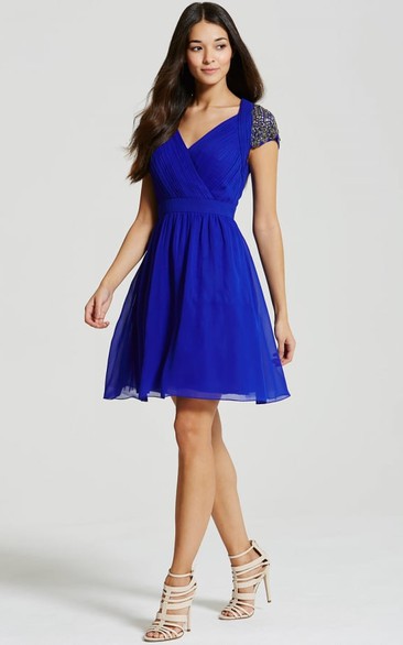 Short V-Neck T-Shirt-Sleeve Ruched Chiffon Bridesmaid Dress With Beading And Keyhole