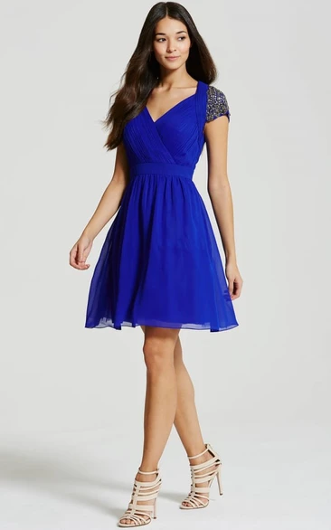 Short V-Neck T-Shirt-Sleeve Ruched Chiffon Bridesmaid Dress With Beading And Keyhole