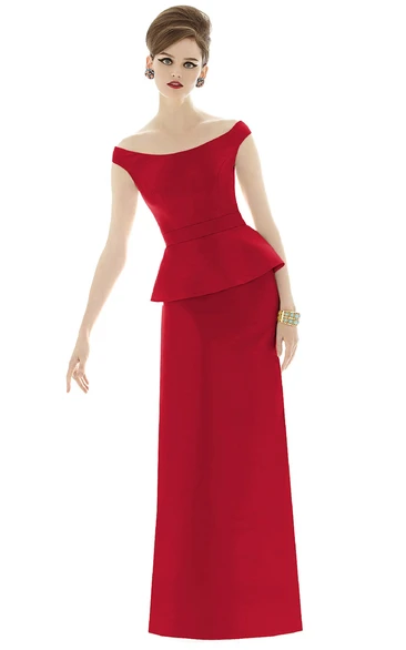 Elegant Long Off-the-Shoulder Satin Gown with Cap sleeves and Waistband