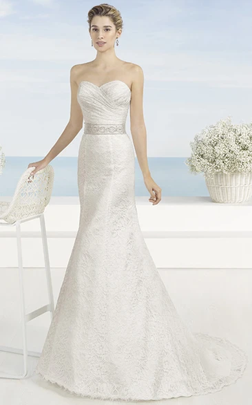 Trumpet Long Sweetheart Jeweled Lace Wedding Dress With Criss Cross And Bow