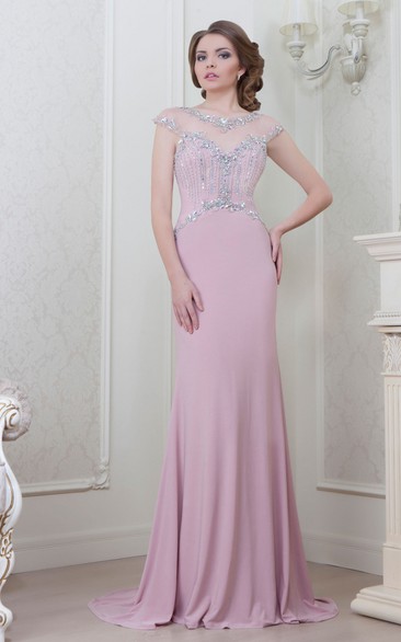 Sheath Beaded Cap-Sleeve Scoop-Neck Long Jersey Evening Dress