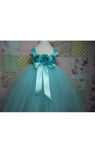 Satin Straps Floral Bodice Empire Tulle Ball Gown With Sash