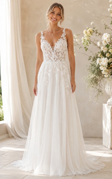 Spaghetti Strap Lace Bodice A-Line Wedding Dress with Tulle Skirt and Chapel Train