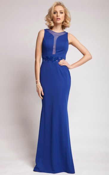 Sleeveless Jeweled Scoop Neck Chiffon Prom Dress With Brush Train