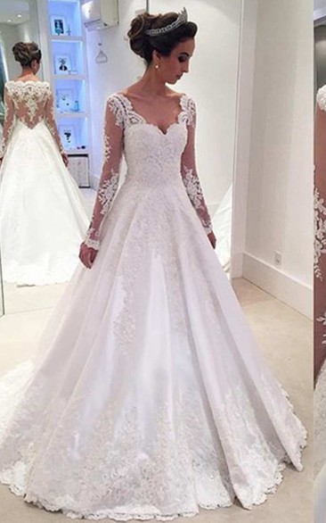 Long Sleeve V Neck A-line Illusion Back Long Lace Dress - Dorris Wedding