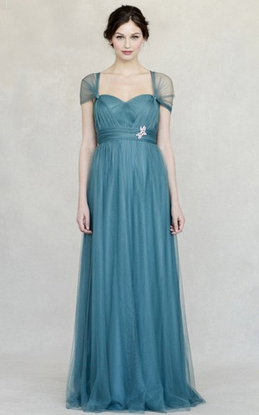 Jeweled Sweetheart Empire Cap Sleeve Tulle Bridesmaid Dress With Straps