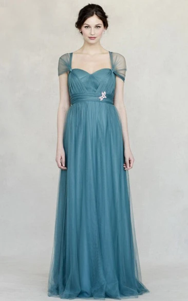 Jeweled Sweetheart Empire Cap Sleeve Tulle Bridesmaid Dress With Straps