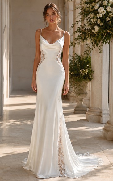 Cowl Neck Satin Mermaid Wedding Dress with Lace Side Panels and Chapel Train