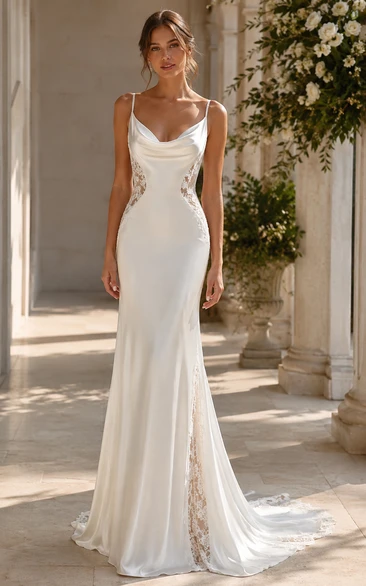 Cowl Neck Satin Mermaid Wedding Dress with Lace Side Panels and Chapel Train