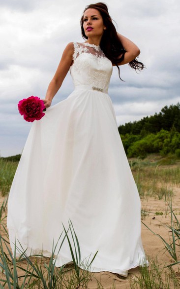 Chiffon Lace Satin Weddig Vow Renewal Dress With Illusion