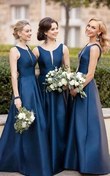Satin Navy Blue Sleeveless Notched Solid Satin Bridesmaid Dress