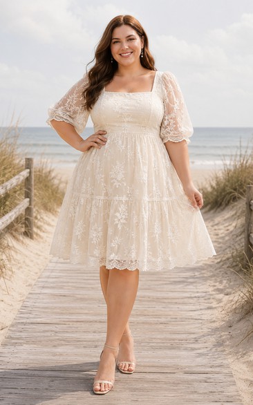 Plus Size Brautkleid mit kurzen Ärmeln, Spitze, Teelänge und Tüllrock