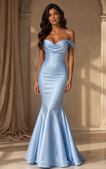 Powder Blue Satin Prom Dress with Cowl Neckline Off Shoulder Mermaid Gown