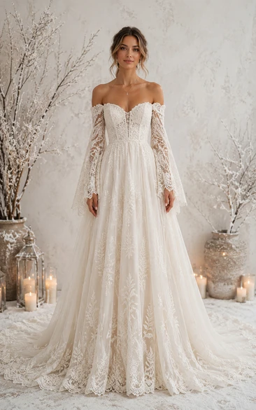 Boho A-Line Wedding Dress Off Shoulder Long Bell Sleeve Sweetheart Tulle Lace Applique Floor Length Chapel Train Ivory