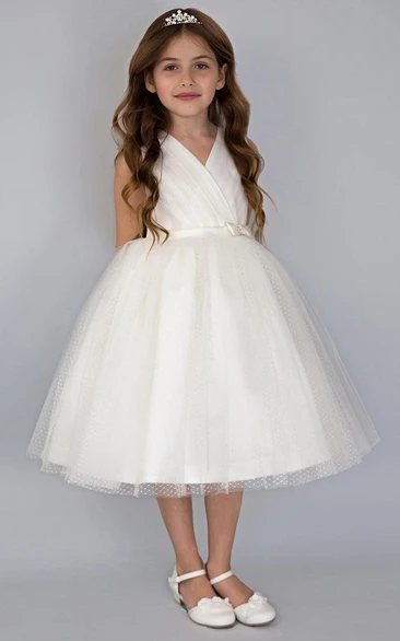 V-Neck Tea-Length Pleated Tiered Tulle&Satin Flower Girl Dress