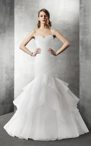 Sweetheart Mermaid Organza Wedding Dress Styles With Cascading Ruffles