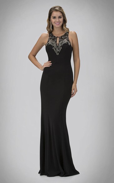 Sheath Long Scoop-Neck Sleeveless Jersey Illusion Dress With Beading