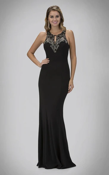 Sheath Long Scoop-Neck Sleeveless Jersey Illusion Dress With Beading