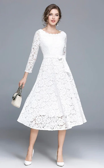 Lace Midi Long Sleeve Party Cocktail White Summer Dress
