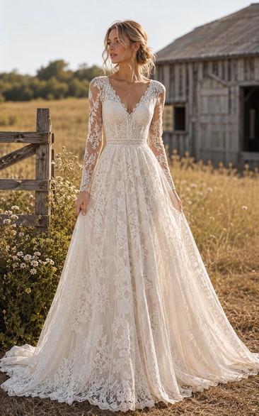 Long Sleeve Boho A-Line Lace Country Wedding Dress with Deep V Back