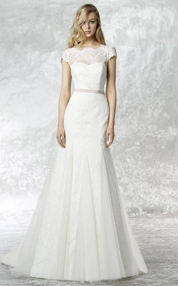 A-Line Cap Sleeve Bateau Neck Bowed Lace Wedding Dress With Court Train