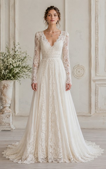Vintage V-neck Long Sleeve Lace A-Line Wedding Dress
