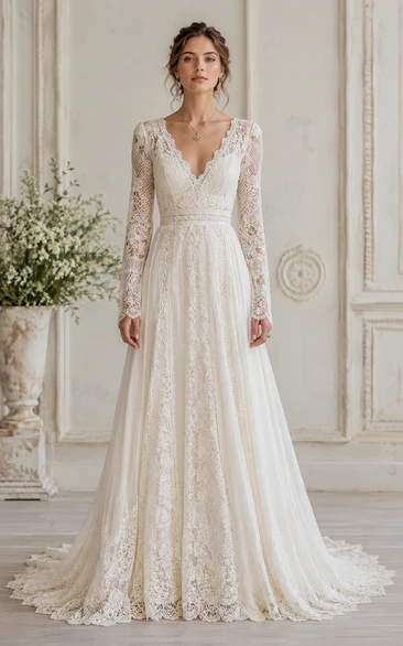 Vintage V-neck Long Sleeve Lace A-Line Wedding Dress