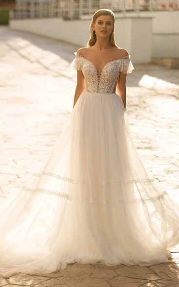 Bohemian A Line Lace V-neck Court Train Wedding Dress Styles with Appliques