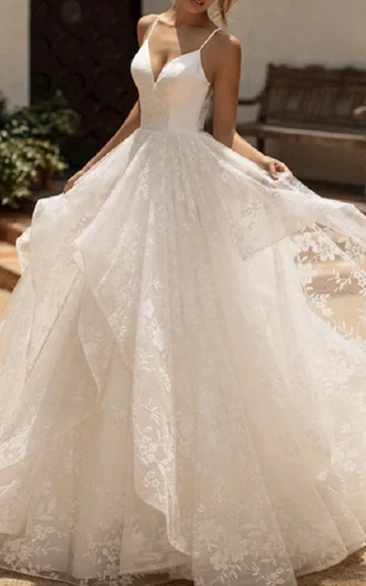 Sparkly Lace Spaghetti Open Back A-Line Boho Princess Tiered Wedding Dress