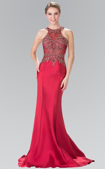 Sheath Jewel-Neck Sleeveless Satin Illusion Dress With Appliques