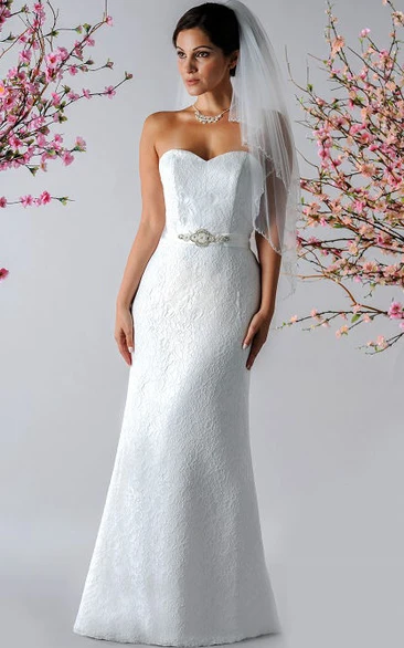Sweetheart Sheath Lace Bridal Gown With Pearl Satin Sash
