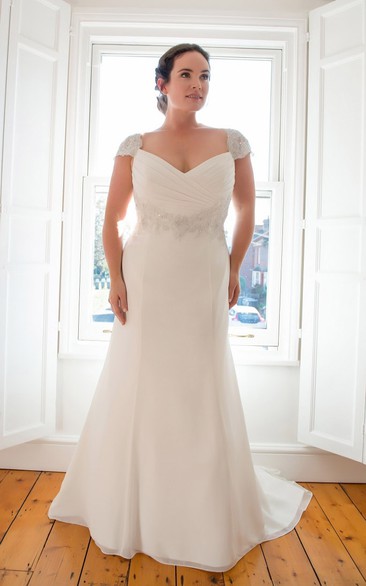 Sheath Floor-Length V-Neck Cap Chiffon Sweep Train Illusion Ruching Mother Of Bride Dress