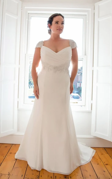 Sheath Floor-Length V-Neck Cap Chiffon Sweep Train Illusion Ruching Mother Of Bride Dress