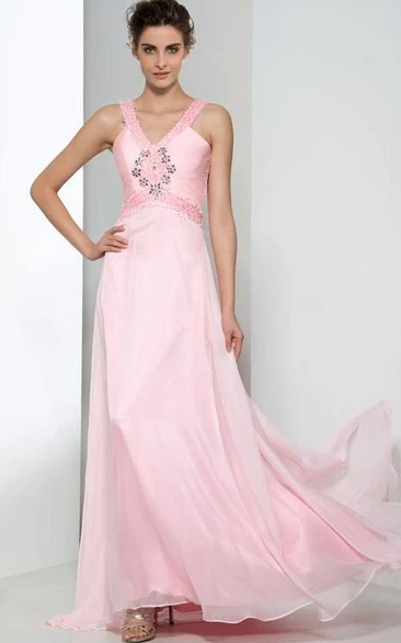 V-Neck Beading Criss-Cross Straps Prom Dress