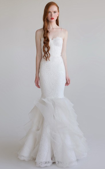 Mermaid Floor-Length Pick-Up Sleeveless Spaghetti Lace&Tulle Wedding Dress With Ruffles