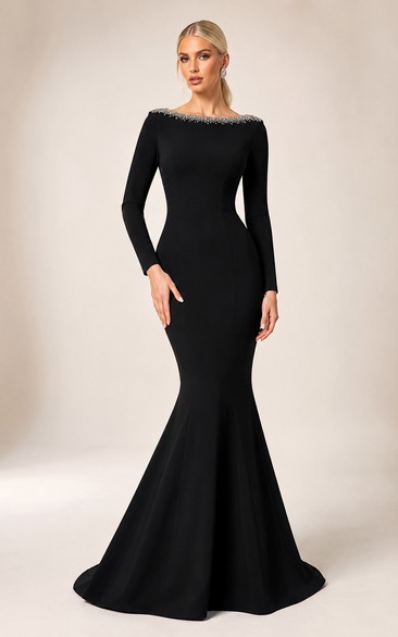 Modest Black Long Sleeve Mermaid Evening Dress with Crystal Bateau Neckline and Sweep Train