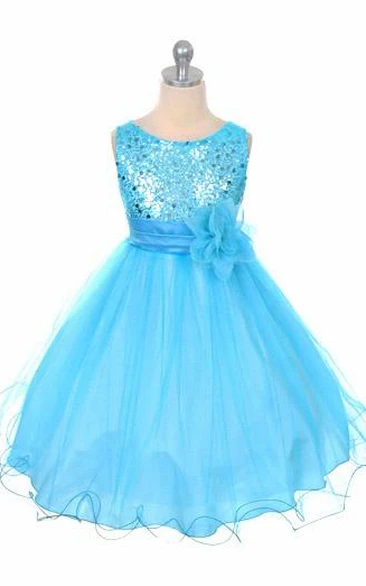 Floral Tea-Length Floral Sequins&Satin Flower Girl Dress With Ribbon