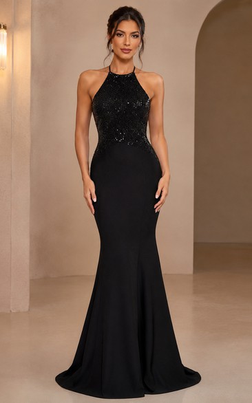 Black Sequin Halter Mermaid Evening Gown