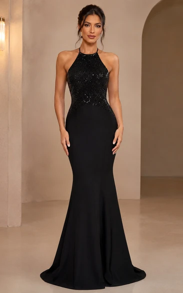 Black Sequin Halter Mermaid Evening Gown