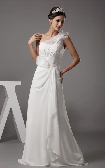 One-Shoulder Sheath Chiffon Dress With Floral Epaulet