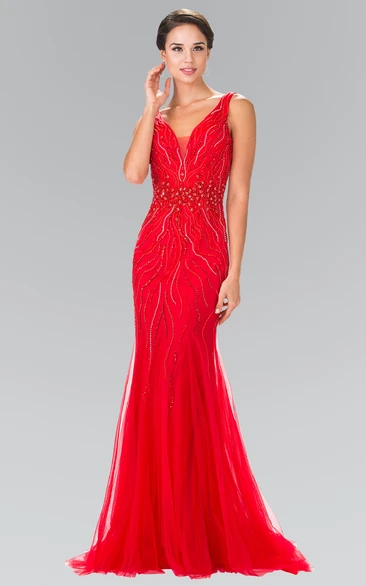 Sheath V-Neck Sleeveless Tulle Low-V Back Dress With Beading And Pleats