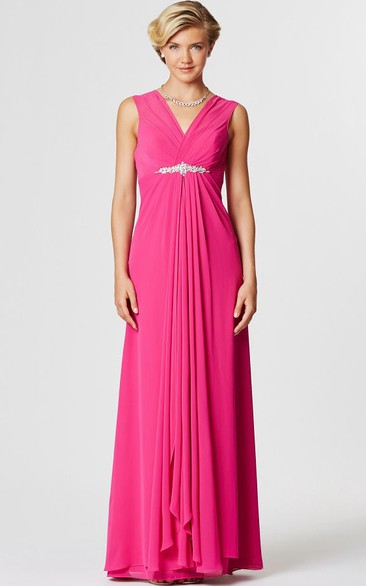 Sleeveless V-Neck Jeweled Chiffon Bridesmaid Dress With Draping