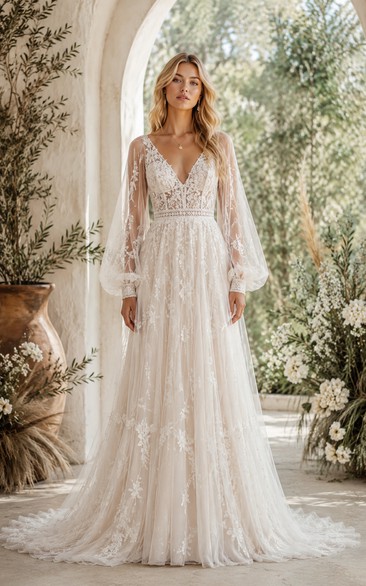 Boho A-Line Wedding Dress Long Sleeve V-Neck Tulle Lace Applique Floor Length Chapel Train Ivory
