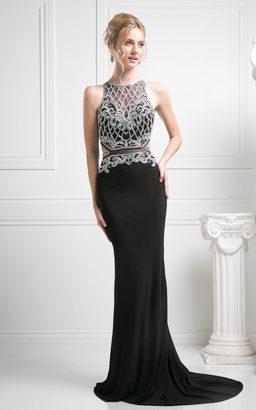 Pencil Long Jewel-Neck Sleeveless Jersey Court Train Keyhole Dress With Beading