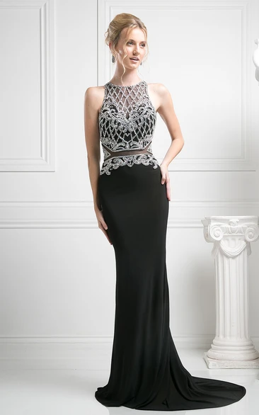 Pencil Long Jewel-Neck Sleeveless Jersey Court Train Keyhole Dress With Beading
