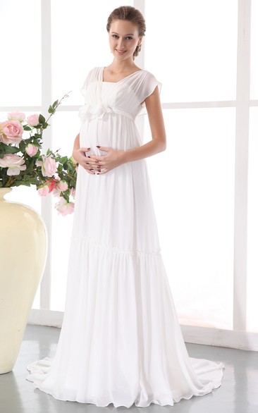 Chiffon Pleated Maternity Dress With Floral Waistband