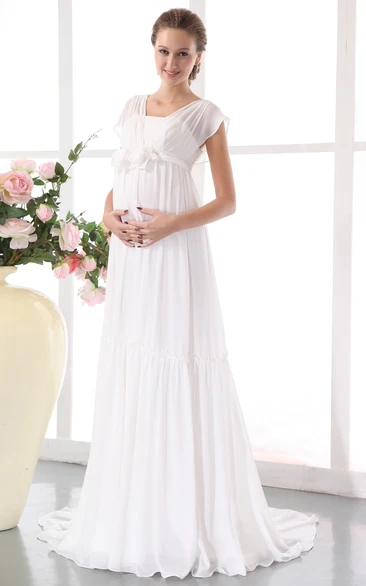 Chiffon Pleated Dress With Floral Waistband