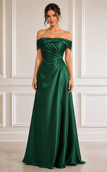 Dark Green Off-the-Shoulder Satin Floor-Length Dress