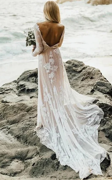 Long Sleeve Sheath Deep-v Neck Sheath Beach Pleated Court Train Boho Wedding Dress